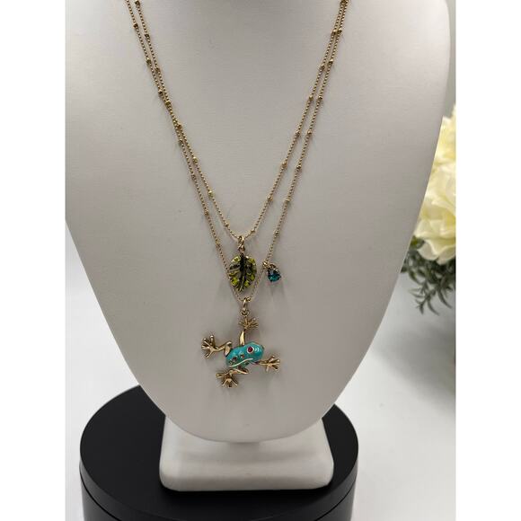 Betsey Johnson Teal & Gold
Frog Pendant Necklace Two-Row Necklace goldtone tree - Picture 4 of 11